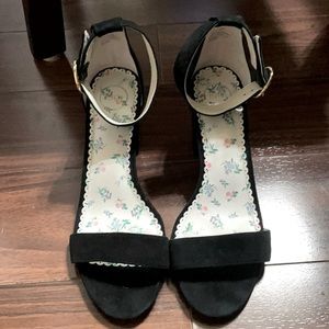 Black suede block heel sandal